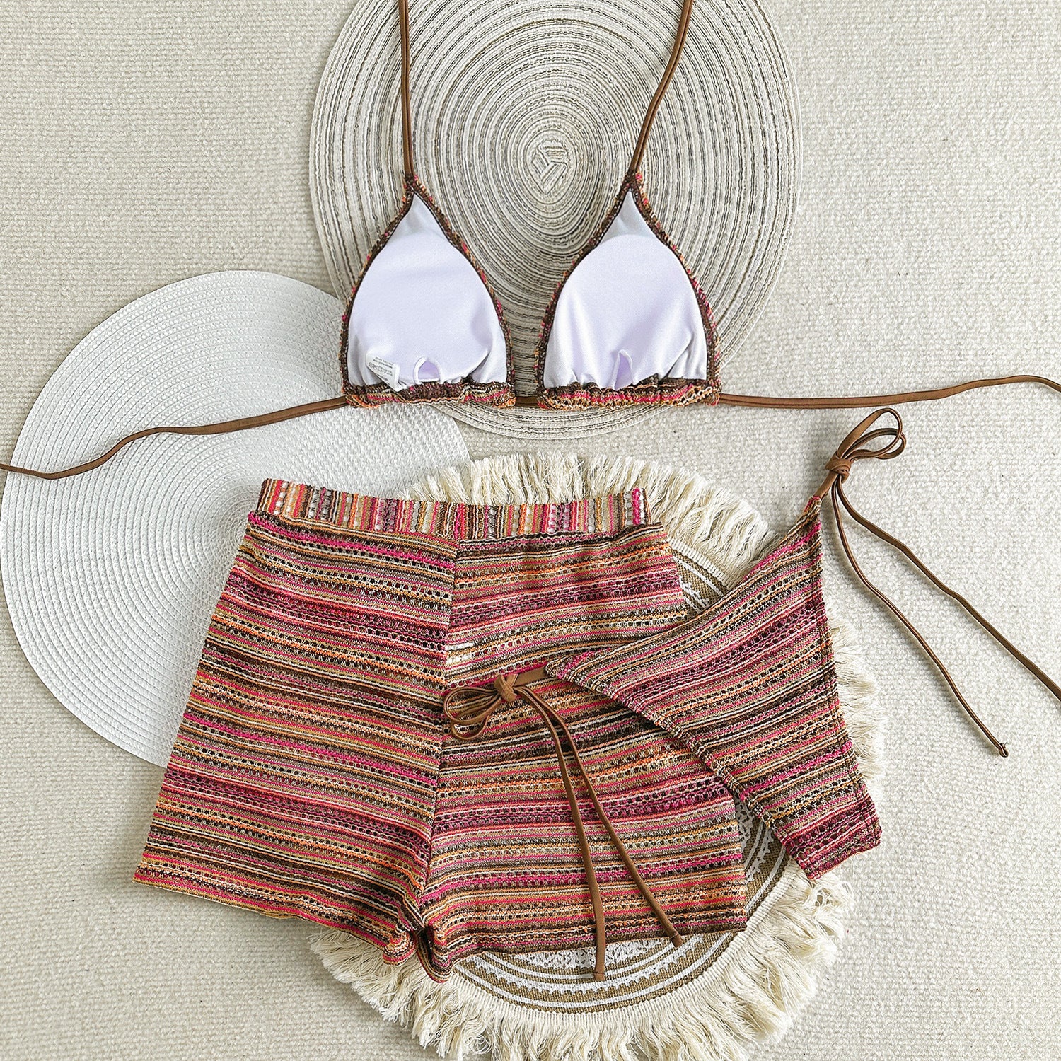 Crocheted bikini and shorts set from the Cute Halter Bikini Knitted Swimsuit fashion line