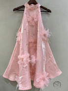 Stunning A-line short dress in pink halter with floral embellishments
