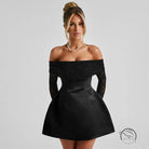 Elegant off-shoulder black A-line dress with lace sleeves and flared skirt