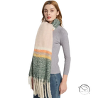 Cozy warm wool scarf in light pink yellow stripes with cream fringe