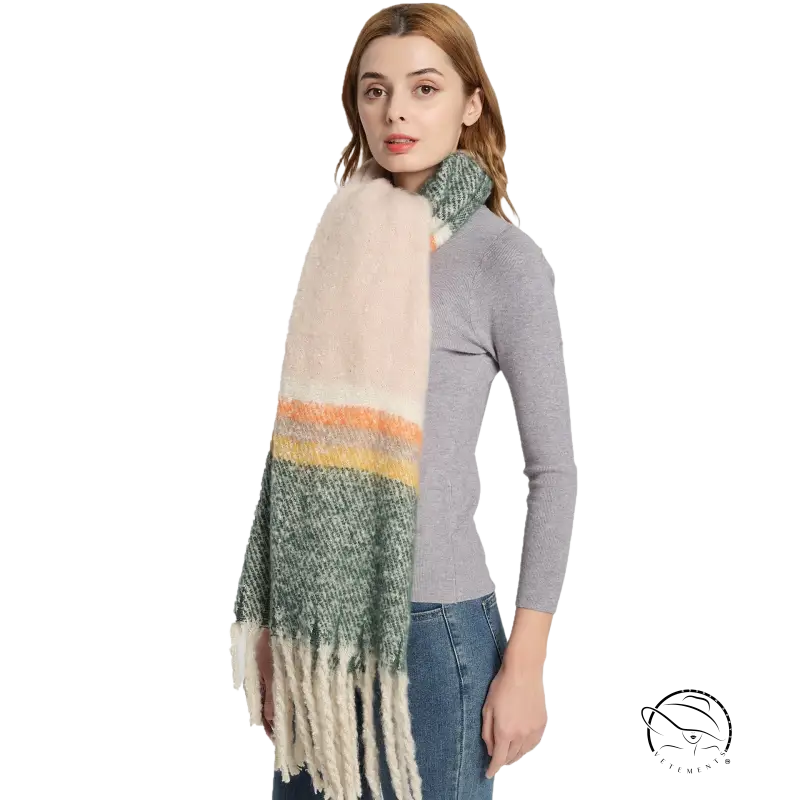 Cozy warm wool scarf in light pink yellow stripes with cream fringe