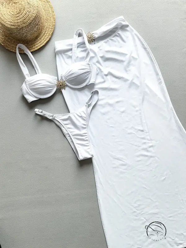Attractive three piece sets bikini with white two-piece swimsuit and straw sun hat