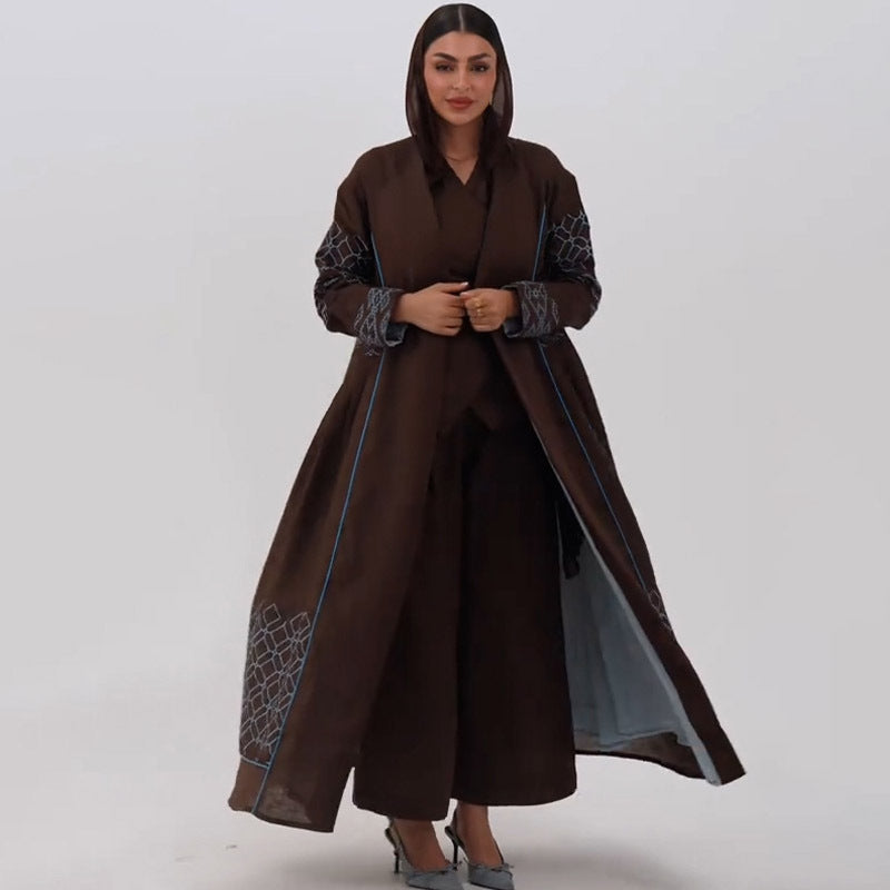 Brown abaya-style multicolor maxi dress with silver embroidery