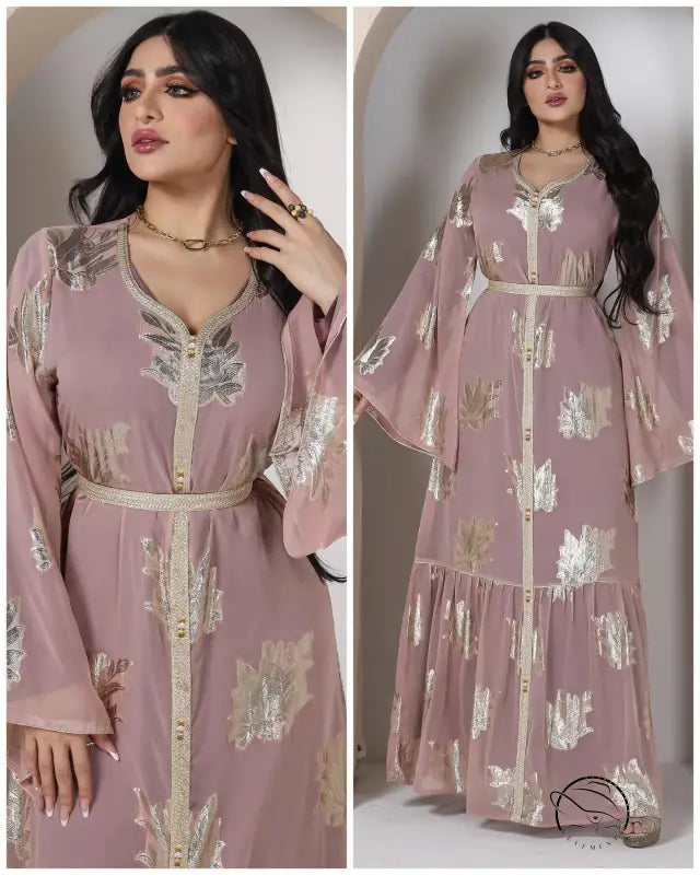 Lavender langry fashion dress with gold accents and belt