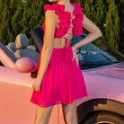 Hot pink ruffled backless dress from Enchanting Backless Short Dress collection in fashion