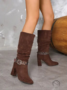 Brown suede langry fashion boots with buckled straps and chunky heels
