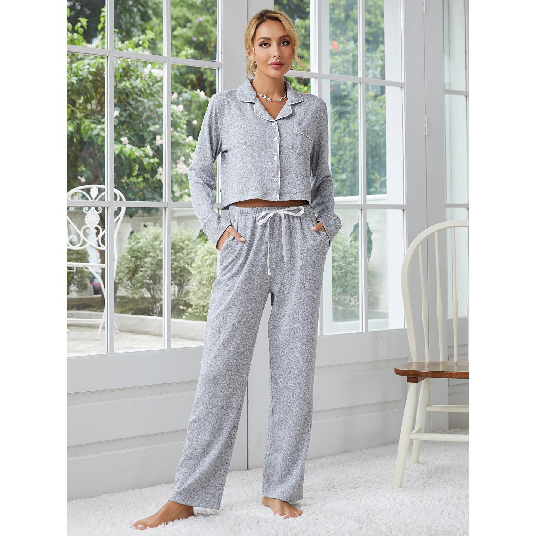Women’s grey polka dot home wear set with long-sleeve top and straight-leg trousers for comfortable fashion