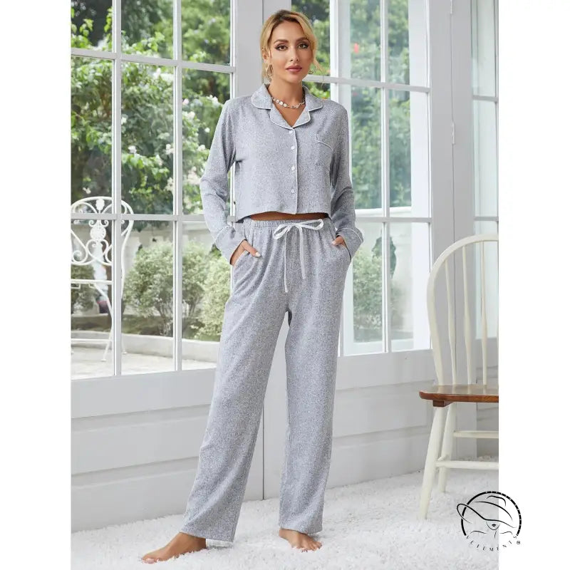 Women’s grey polka dot home wear pajama set with cropped long-sleeve top