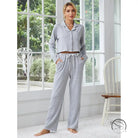 Women’s grey polka dot home wear pajama set with cropped long-sleeve top