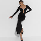 Black long-sleeved Elegant Slim Sheath Split Dress featuring a stylish chest cutout
