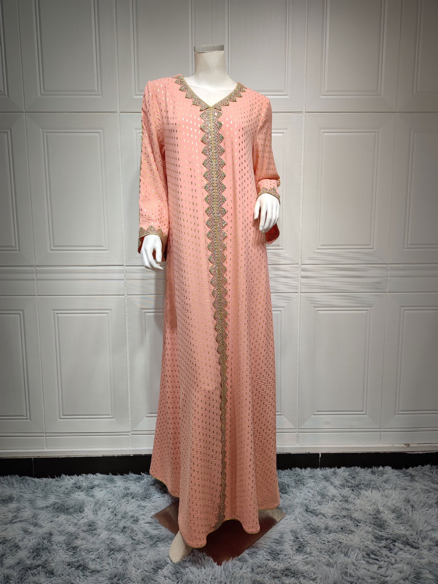 Peach lace maxi dress with gold embroidery in Langry fashion ملابس