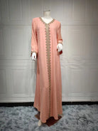 Gorgeous Middle East loose langry fashion dress in peach lace maxi with gold embroidery and soft fabric