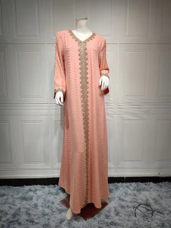 Gorgeous Middle East loose langry fashion dress in peach lace maxi with gold embroidery and soft fabric