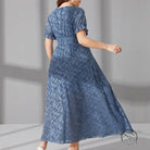 Elegant long elastic waist maxi dress in blue pattern