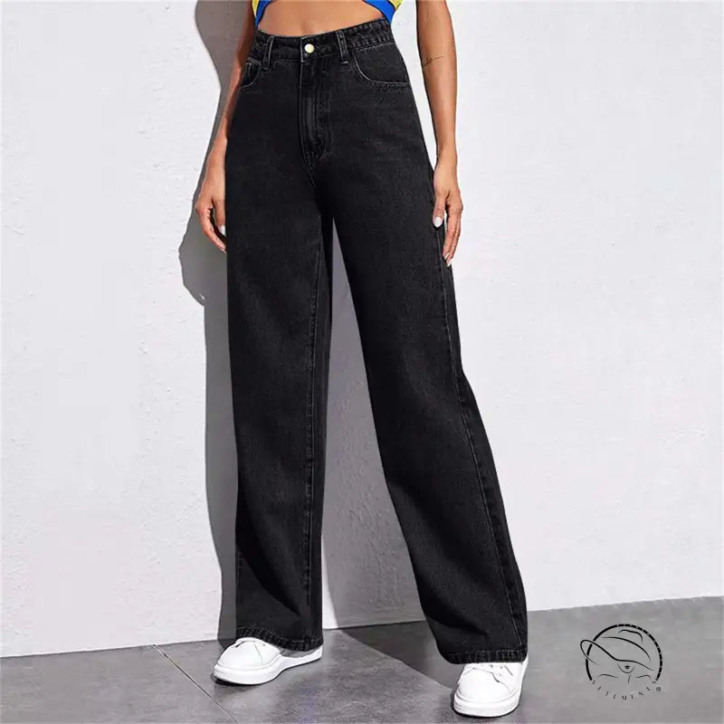 Stunning high waist wide leg jeans in black with contrast stitching