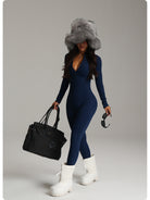 Navy blue langry fashion one-piece yoga bodysuit with fur hood and white platform boots