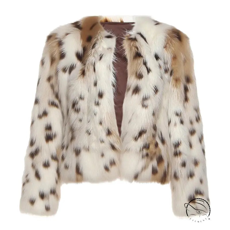Plush white faux fur leopard print coat for langry fashion ملابس