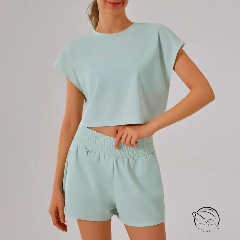 Mint green loose sports yoga fitness set crop top and shorts
