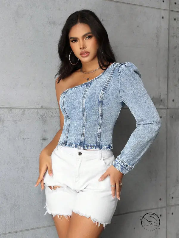 Women slim denim top with one-shoulder puffed sleeve
