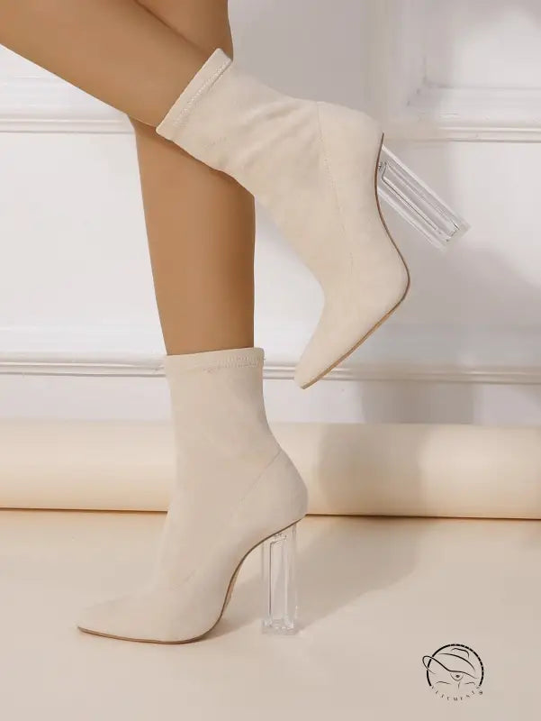 White Winter Crystal Heel Mid Boots with clear acrylic ankle heel