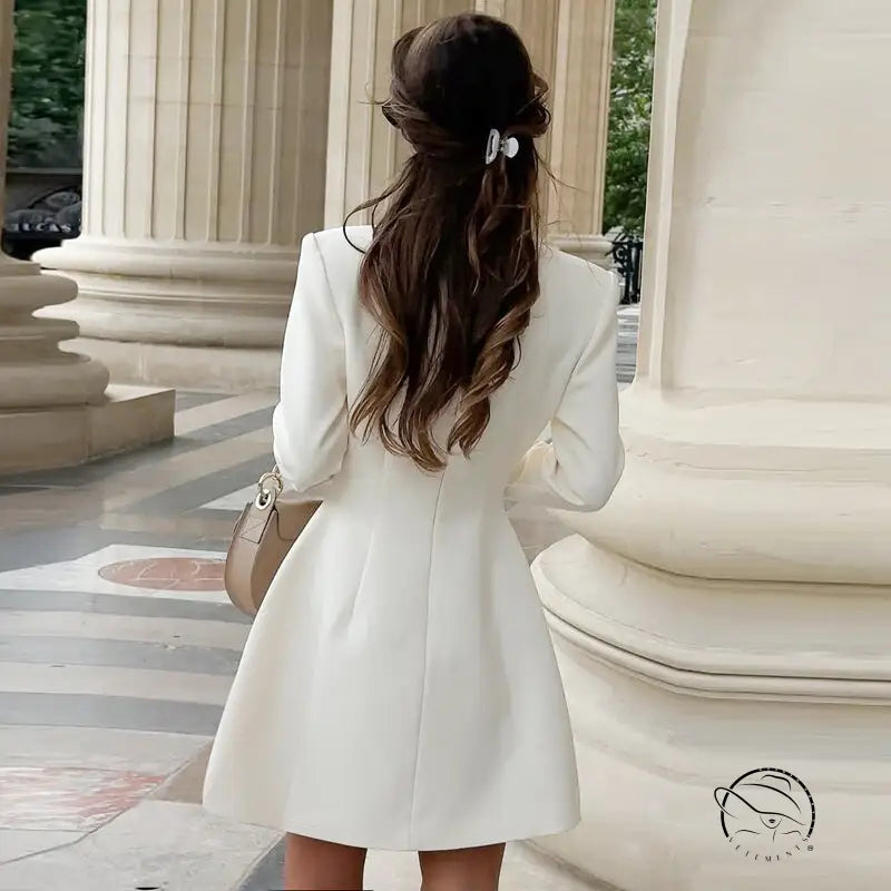 Elegant cardigan buckle waist slimming dress in white with long sleeves