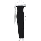 Black off-shoulder floor-length bodycon dress for stylish women in fashion ملابس