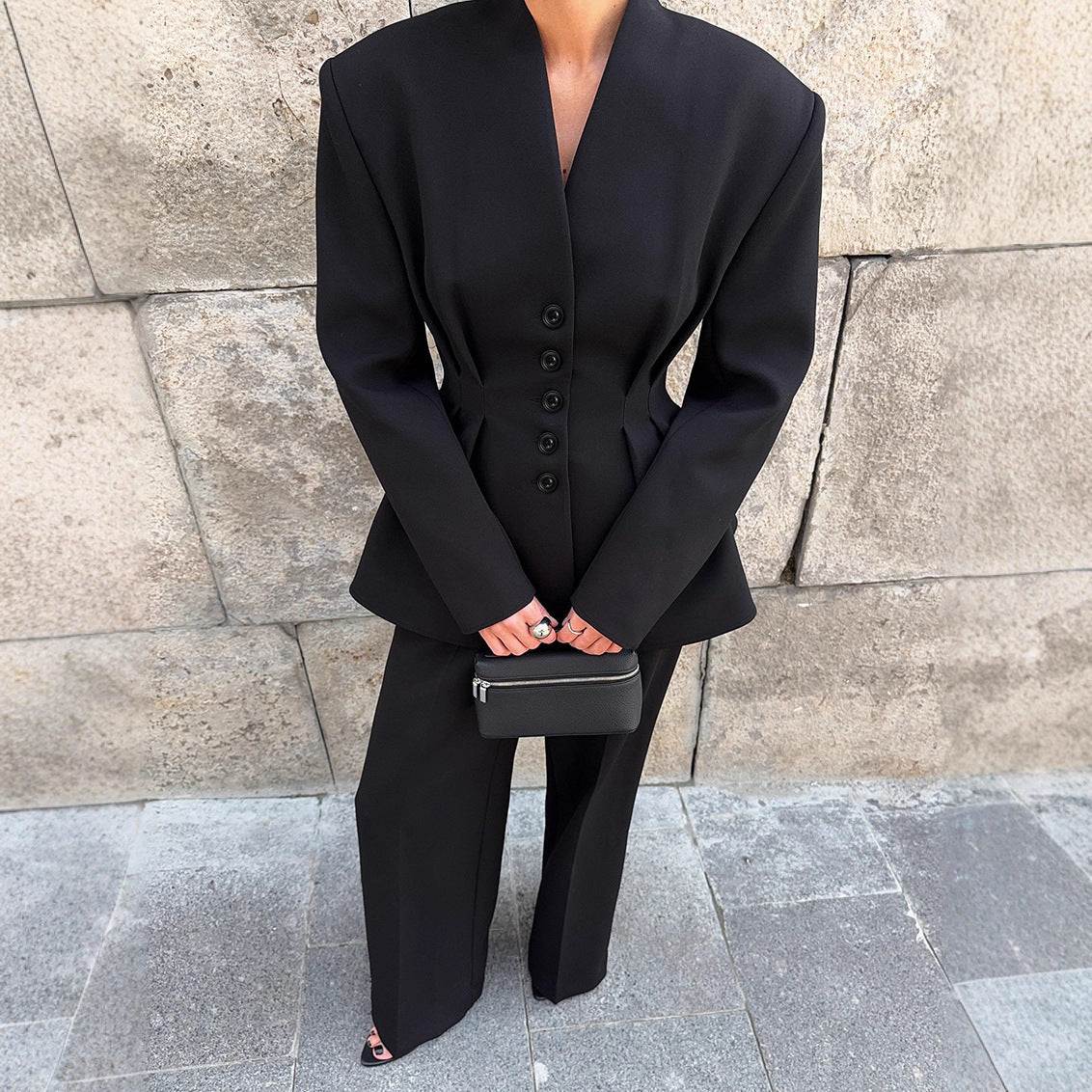 High Grade Pleated Waist Tight Blazer Trousers Two Piece Set
