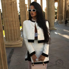 Chanel white black tweed long sleeve jacket with pearls, short skirt set
