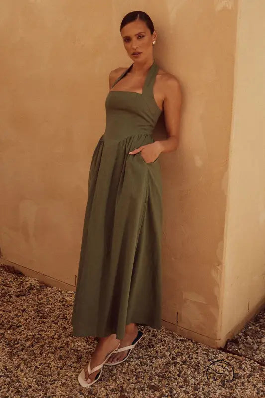 Olive green women wide camisole halter backless summer dress
