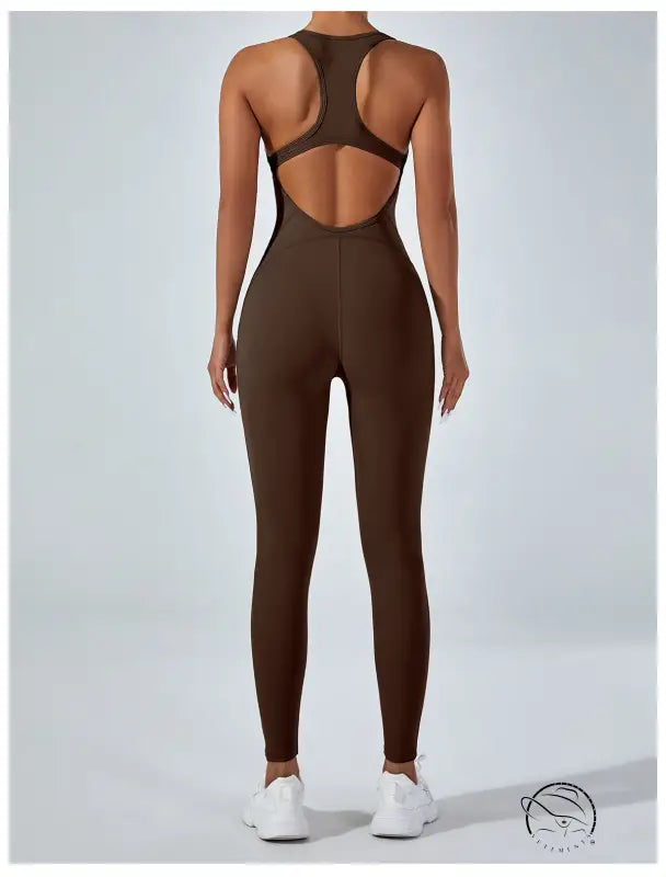 Sleek langry brown yoga one-piece jumpsuit with racerback and cutouts