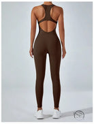 Sleek langry brown yoga one-piece jumpsuit with racerback and cutouts
