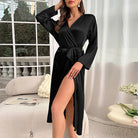 Black satin wrap dress with long sleeves, high slit, langry fashion nightgown