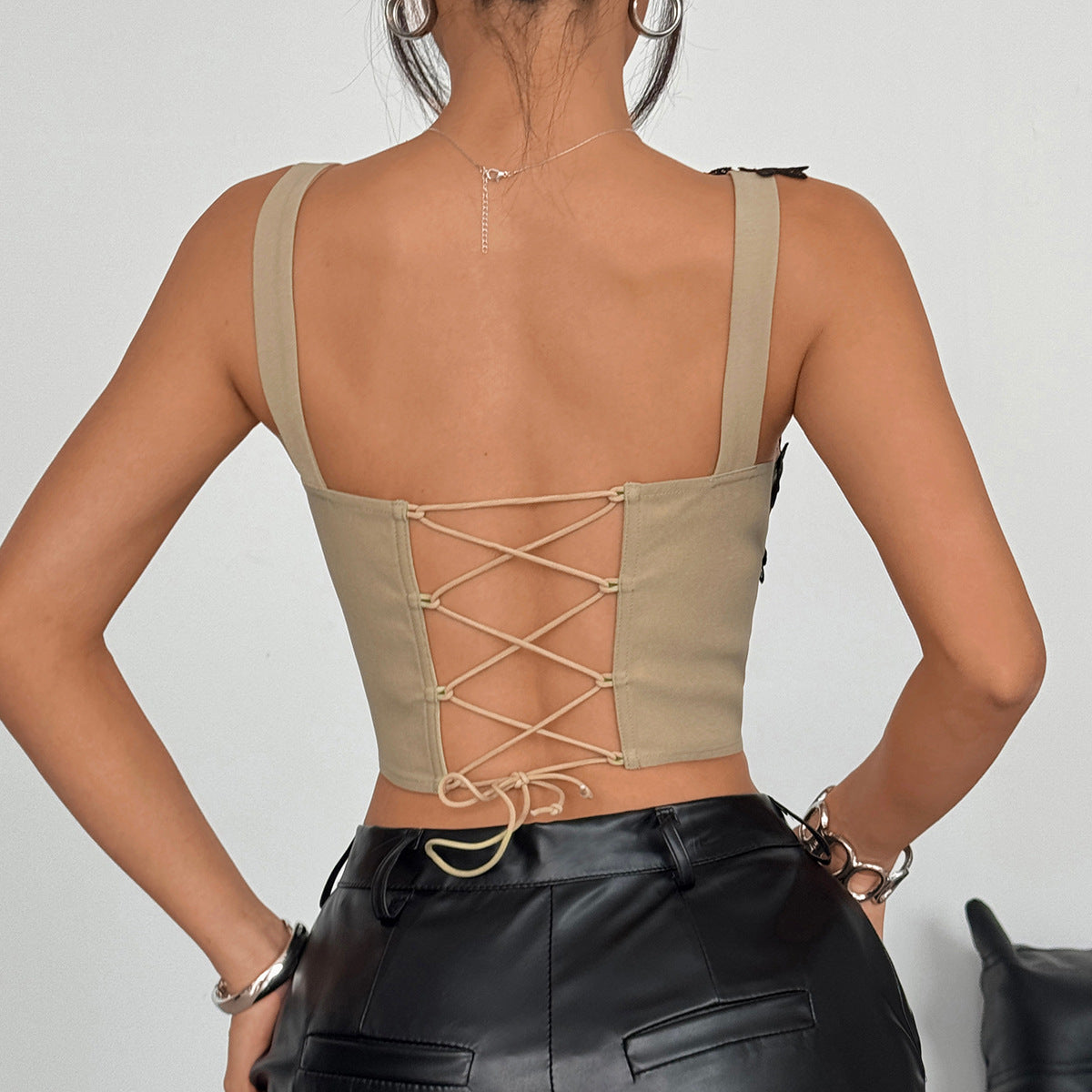 Beautiful Stitching Lace Langry Fashion Corset Top with Leather Pants
