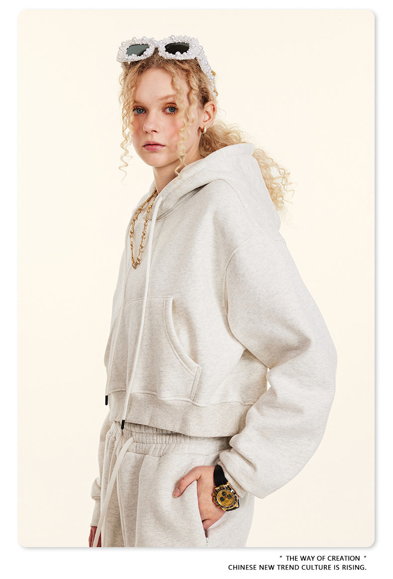 White hooded sweatshirt and sweatpants in casual athletic style for Winter Retro Hooded Pullover
