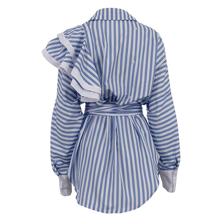 Blue and white striped ruffled blouse for Elegant Cardigan Shirt Dress in modern fashion