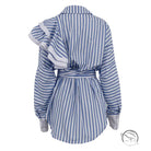 Elegant cardigan shirt dress with blue and white striped ruffled blouse