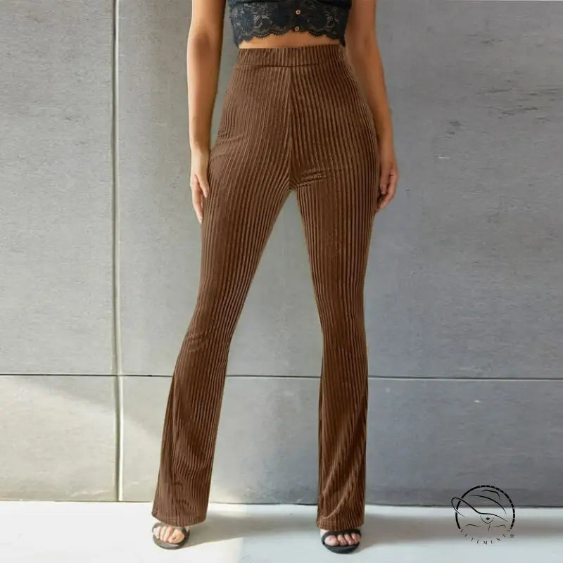 Brown high waist pleuche sunken stripe flared corduroy pants