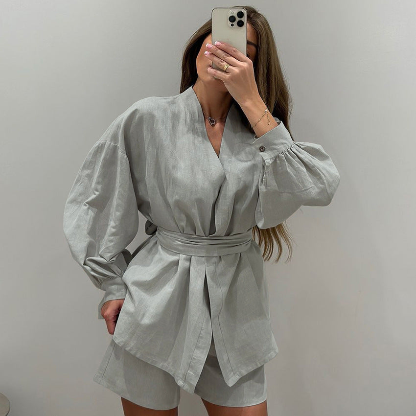 Light green loose casual cotton wrap blouse and shorts set with voluminous sleeves for casual wear