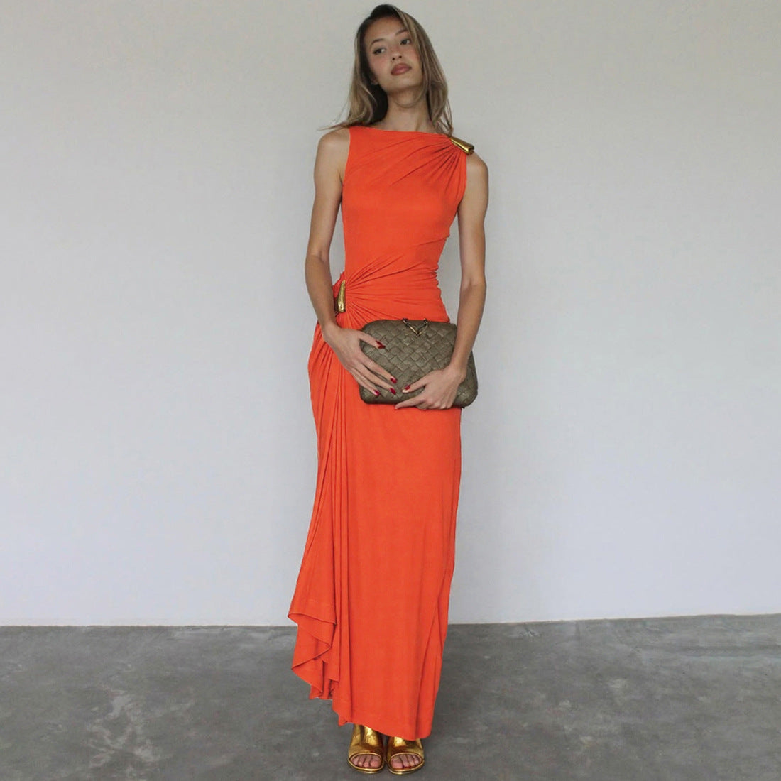 Elegant langry fashion sleeveless maxi dress in orange with gold sandals
