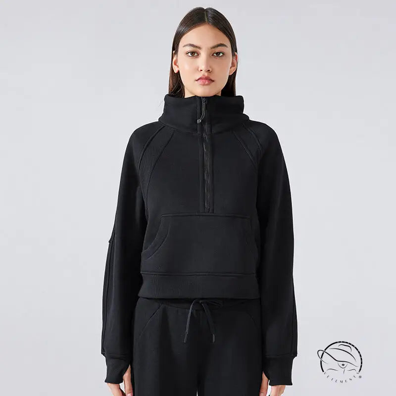 Black half-zip sweatshirt with high stand collar for women