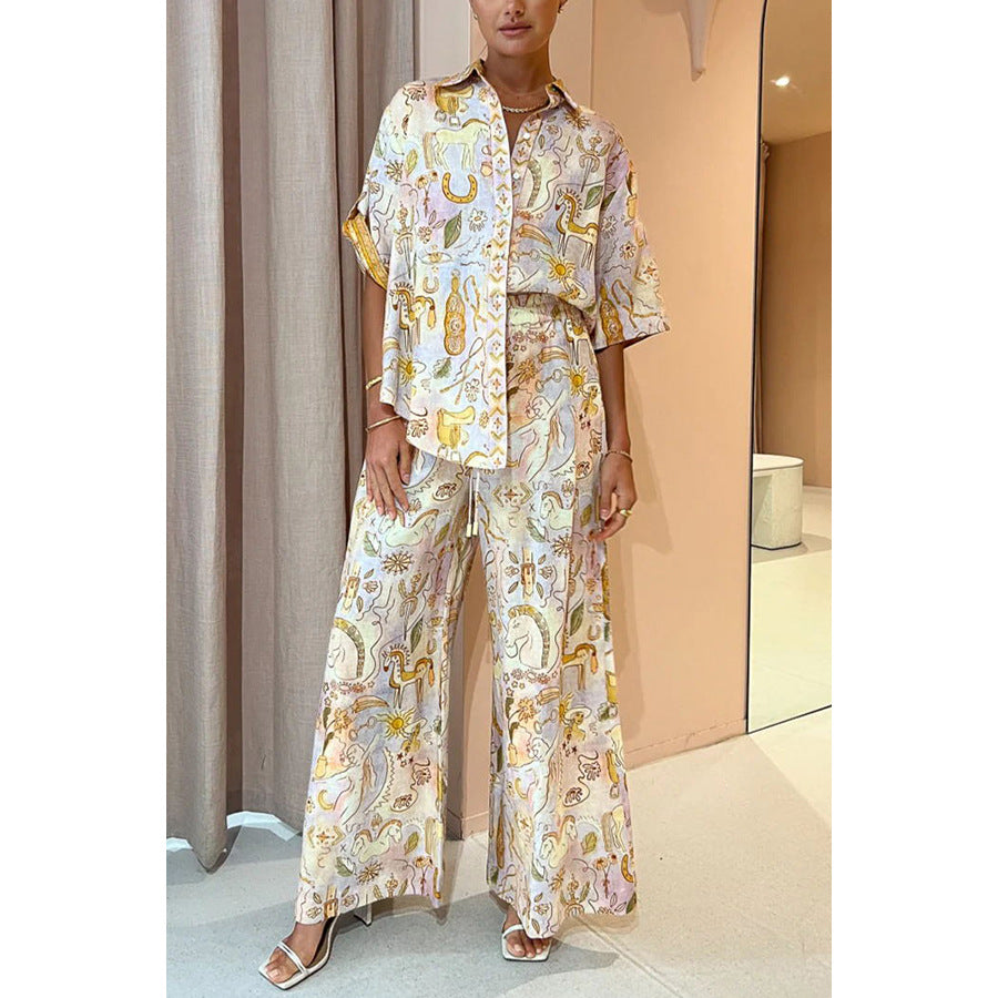 Woman wearing stylish patterned pajama set from Summer Casual Pocket Two Piece Suit