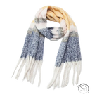 Cozy warm wool scarf in multicolored plaid with cream, blue, and light pink yellow shades