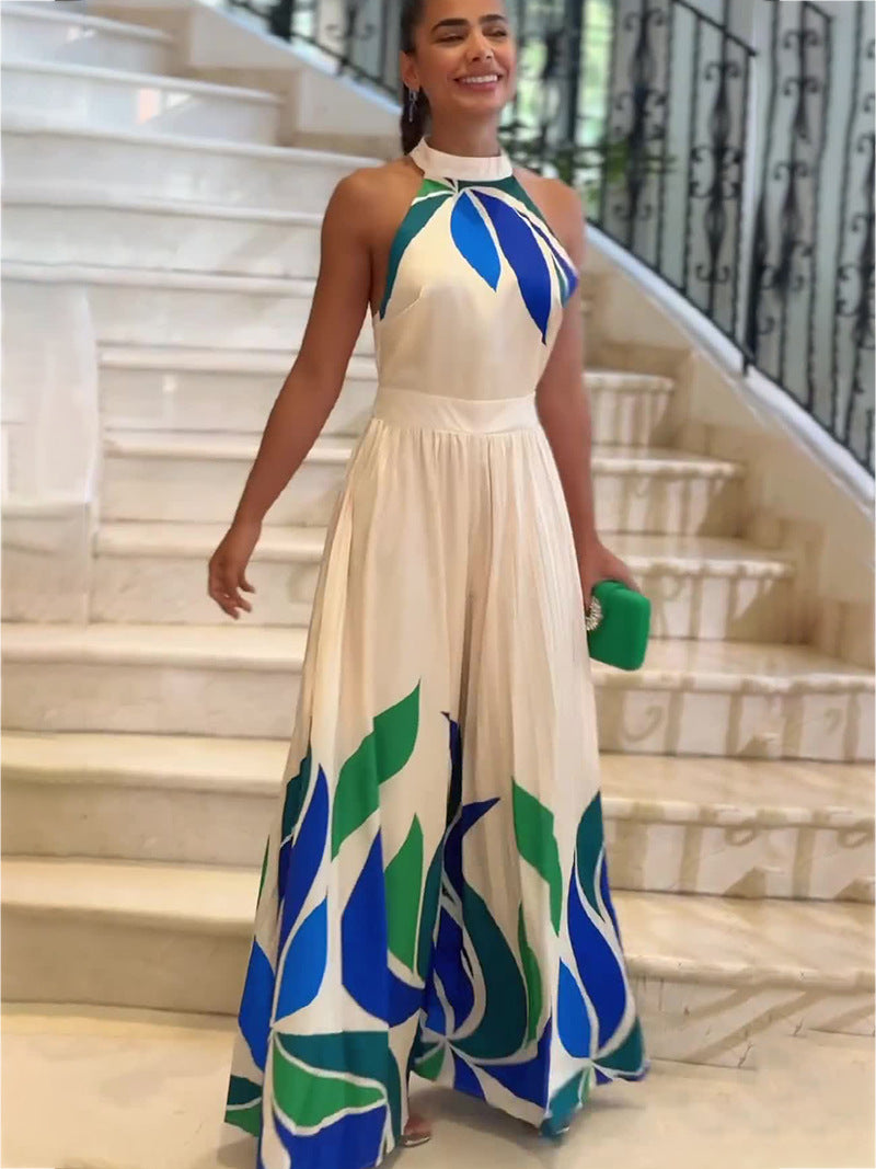 White halter neck maxi dress with summer printed blue and green leaf pattern for women