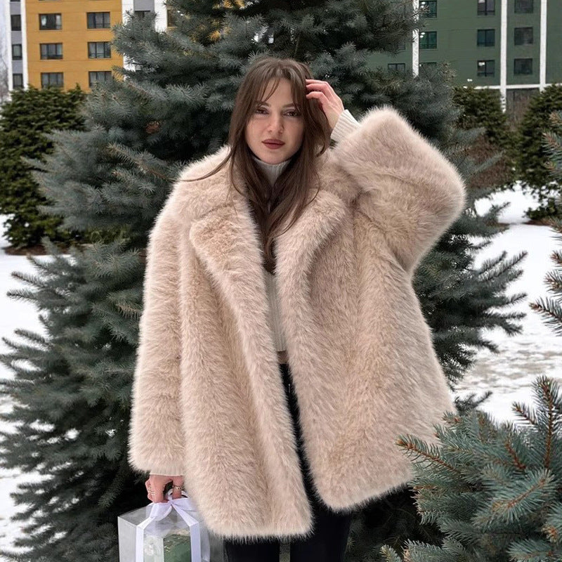 Beige faux fur jacket with high collar and long sleeves