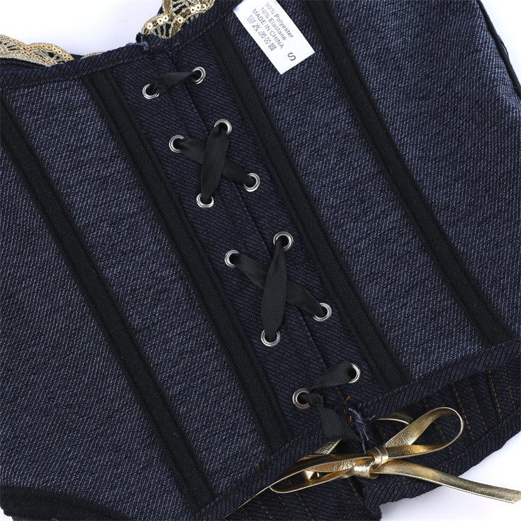 Langry denim corset in black blue with steel ring cup, laces and gold accents