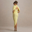 Elegant slim pleated yellow high-slit dress with draped sleeves