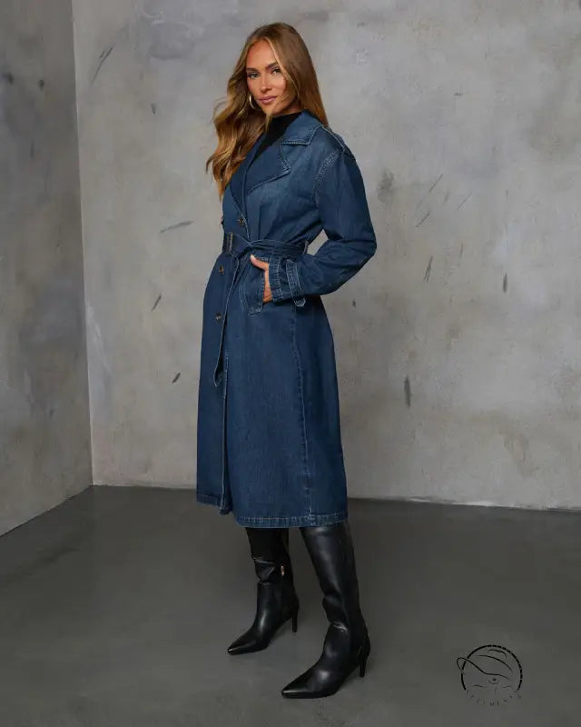 Casual retro denim coat with belt, dark wash trench, black knee-high boots