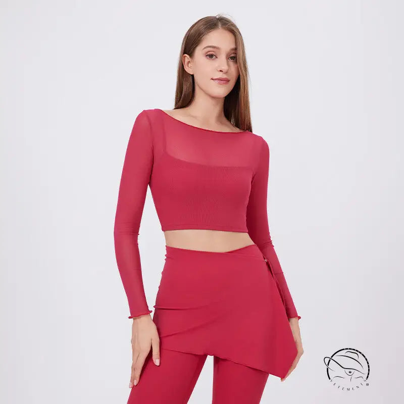 Vibrant red faux two piece mesh sports long sleeve cropped top with sheer mesh neckline