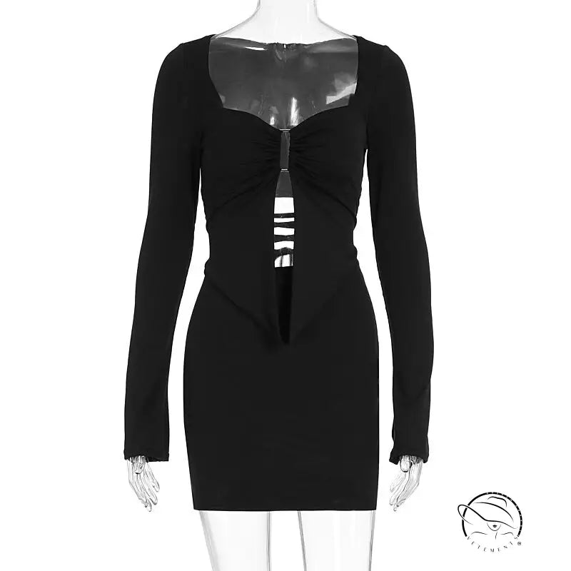 Pure Niche slim fit black long-sleeved mini dress with square neckline and front cutout, langry fashion