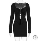 Pure Niche slim fit black long-sleeved mini dress with square neckline and front cutout, langry fashion